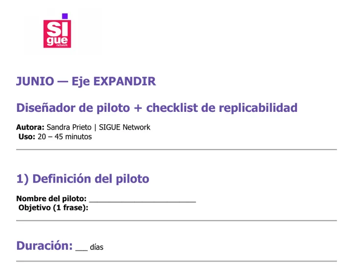 Vista previa de la herramienta: Diseñador de piloto + checklist de replicabilidad