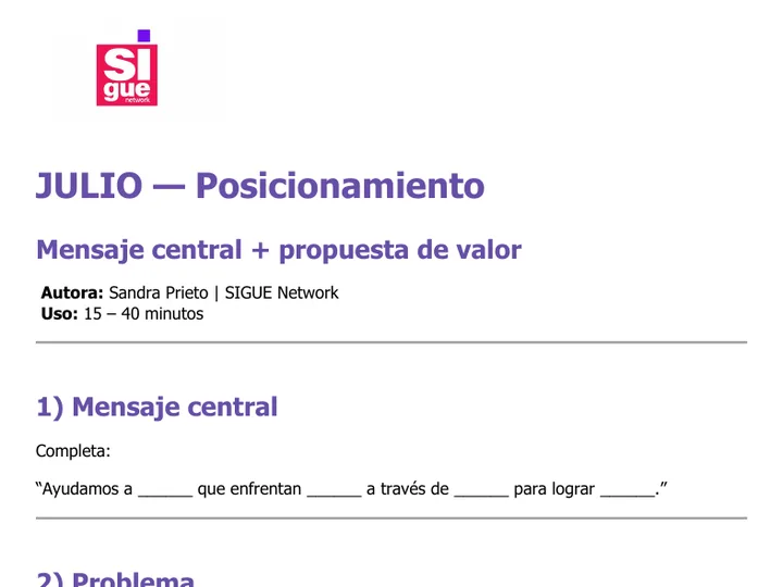 Vista previa de la herramienta: Mensaje central + propuesta de valor