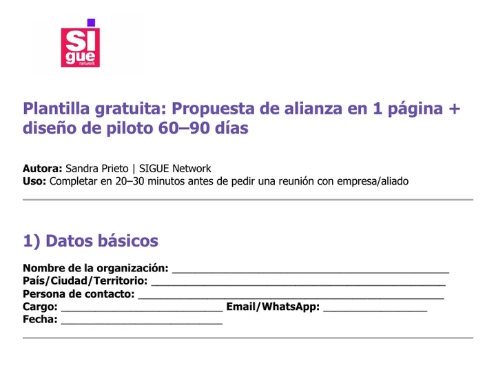Vista previa de la herramienta: Propuesta de alianza en 1 página + piloto de 60–90 días